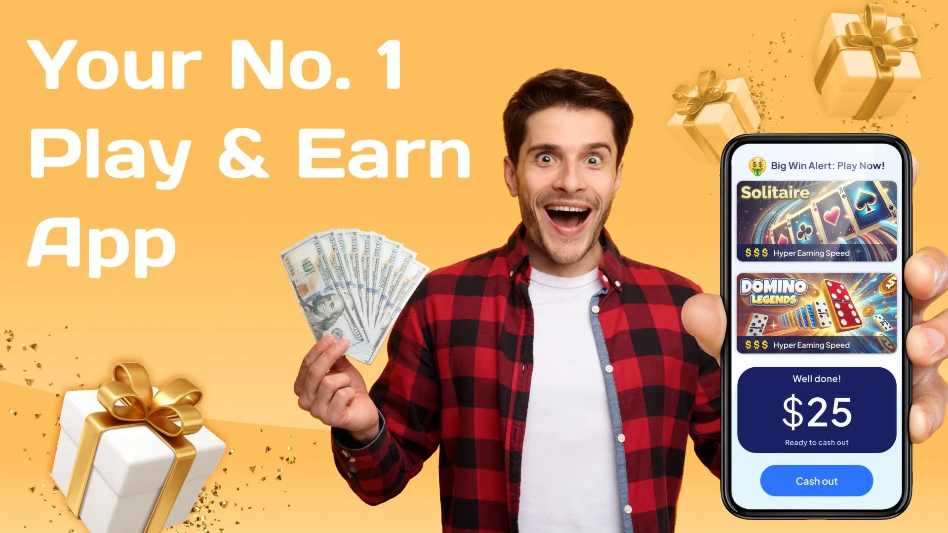 Một người đàn ông cầm điện thoại với ứng dụng Bestplay hiển thị anh ấy đã thắng 25 đô la.