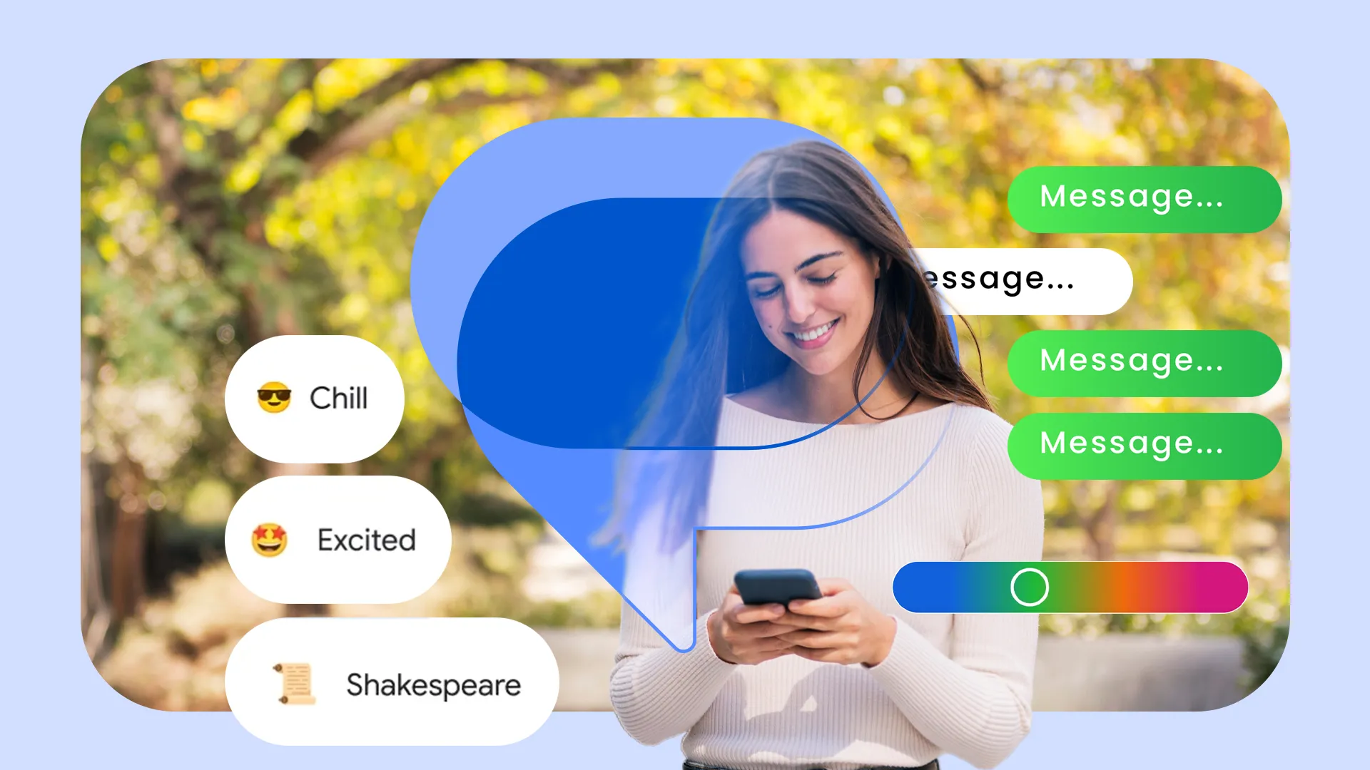 Một người phụ nữ đang sử dụng điện thoại, bên cạnh là các bong bóng tin nhắn và biểu tượng Google Messages, minh họa nhu cầu tùy biến giao diện.