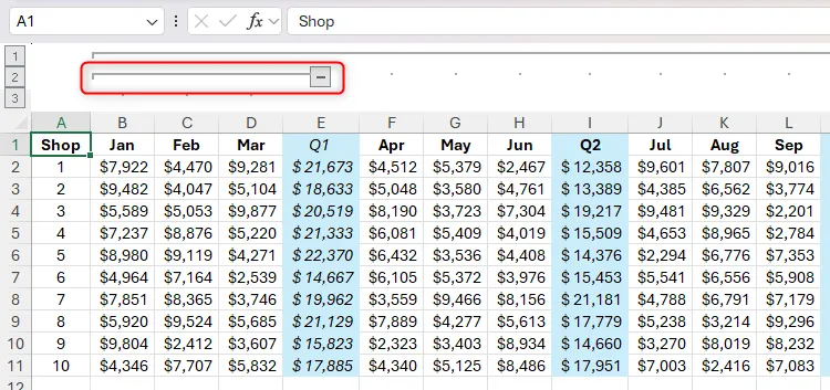 Một nhóm con các cột trong Excel hiển thị đường kẻ và dấu trừ (-) chỉ báo nhóm con mới được tạo.