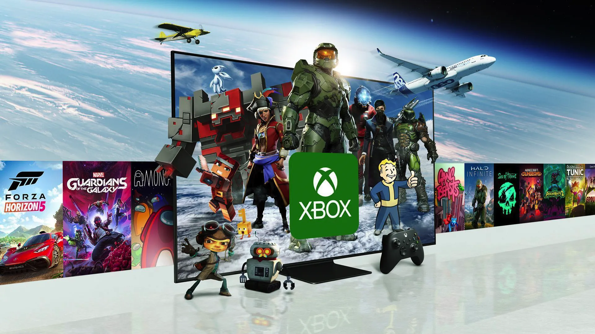 Một nhóm IP của Xbox, bao gồm Master Chief, trên một chiếc TV thông minh Samsung.