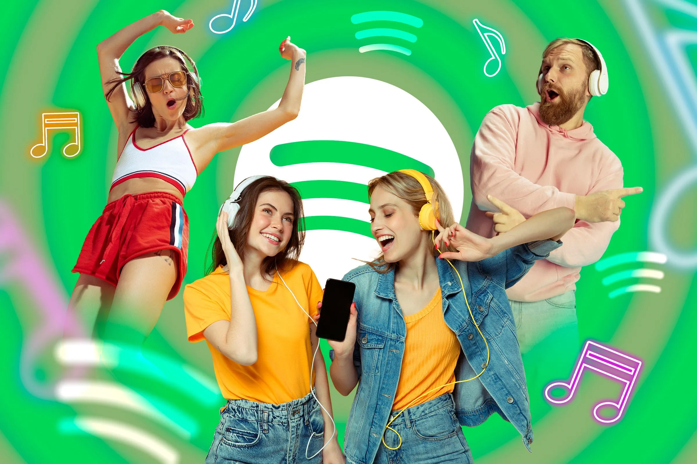 Một nhóm người đang vui vẻ nghe nhạc với logo Spotify ở trung tâm, tượng trưng cho việc kết nối qua âm nhạc.