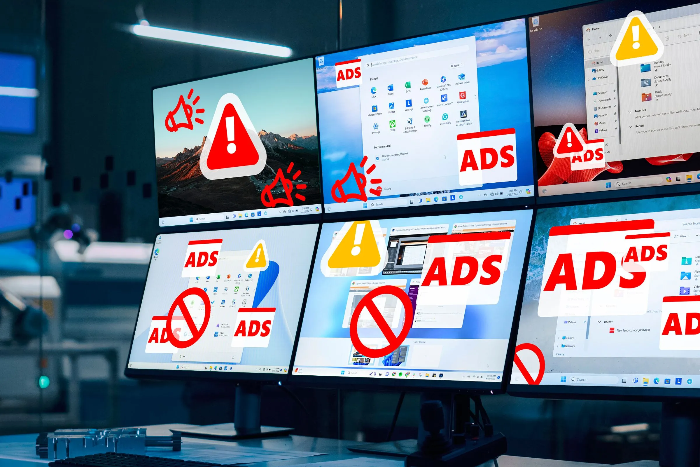 Một phòng điều khiển hiện đại giám sát nhiều màn hình Windows 11 hiển thị quảng cáo gây khó chịu, thể hiện sự xâm nhập của quảng cáo vào trải nghiệm người dùng.