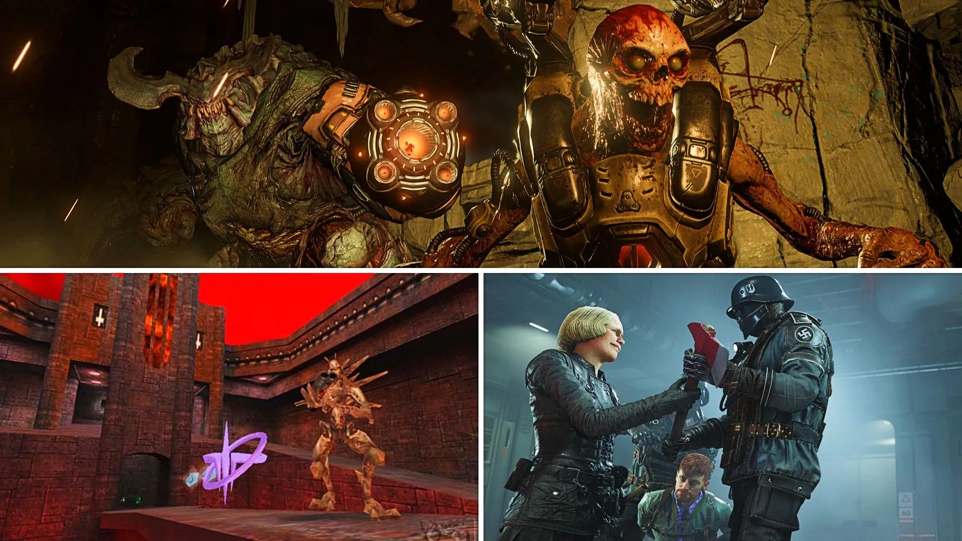 Một quái vật từ Doom, một kẻ thù khác từ Quake 3 Arena, và một người lấy rìu từ lính Đức Quốc Xã trong Wolfenstein 2, thể hiện liên kết giữa các game bắn súng cổ điển.