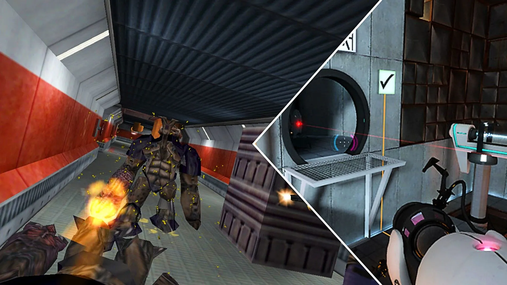Một quái vật từ Half-Life bắn vào người chơi, bên cạnh người chơi cố gắng giải câu đố từ Portal, thể hiện sự kết nối giữa hai game của Valve.