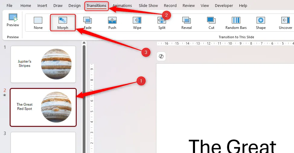 Một slide được chọn trong khung hình thu nhỏ của PowerPoint, với nút Morph trong tab Transitions được chọn để áp dụng hiệu ứng chuyển động 3D.