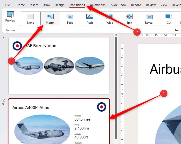 Một slide được chọn trong PowerPoint với hiệu ứng chuyển tiếp Morph được kích hoạt trong tab Transitions.