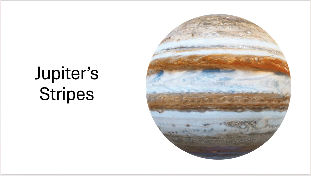 Một slide PowerPoint chứa mô hình Sao Mộc và tiêu đề 'Jupiter's Stripes', minh họa cách kết hợp 3D với văn bản.