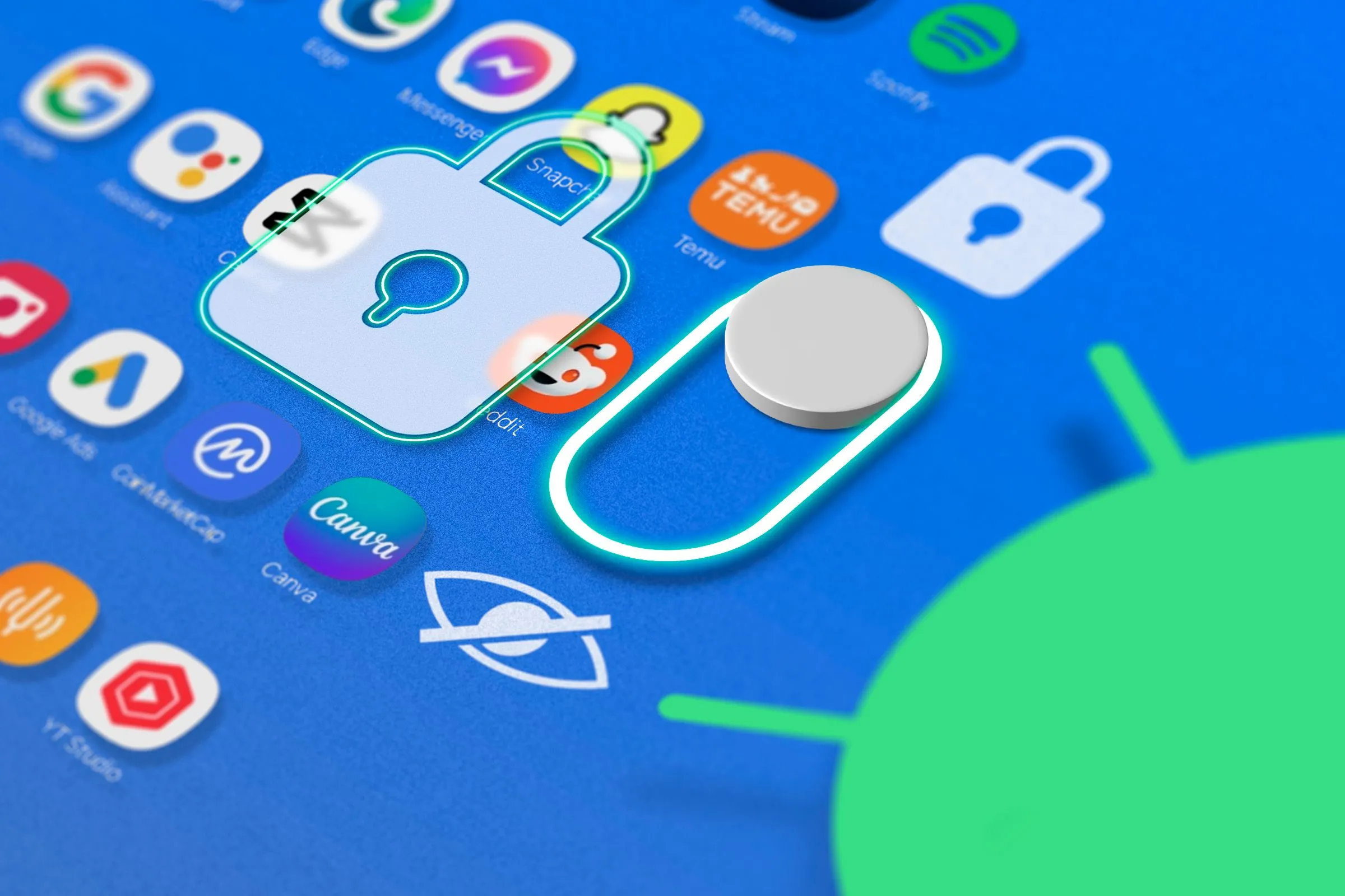 Một số ứng dụng với nút chuyển đổi hiển thị các tùy chọn khóa hoặc ẩn và logo Android