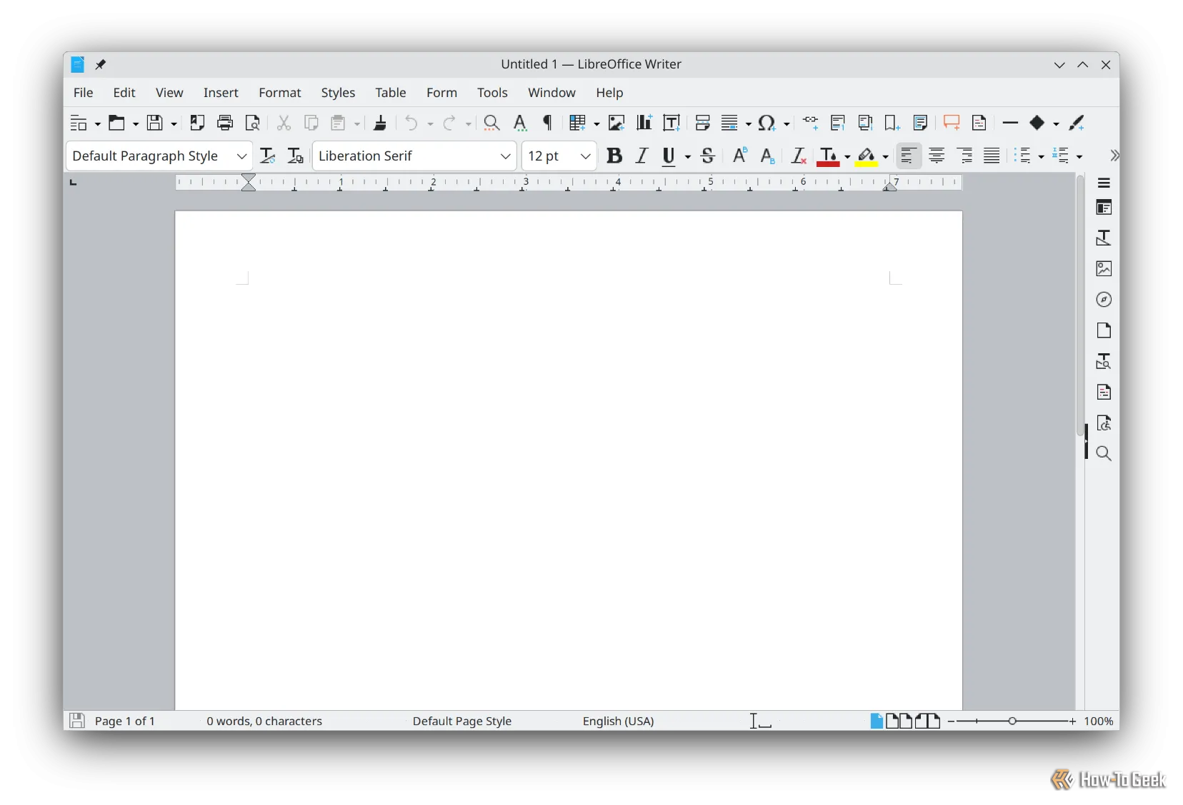 Một tài liệu trắng trong LibreOffice Writer, hiển thị giao diện người dùng truyền thống với các thanh menu và biểu tượng đầy đủ.