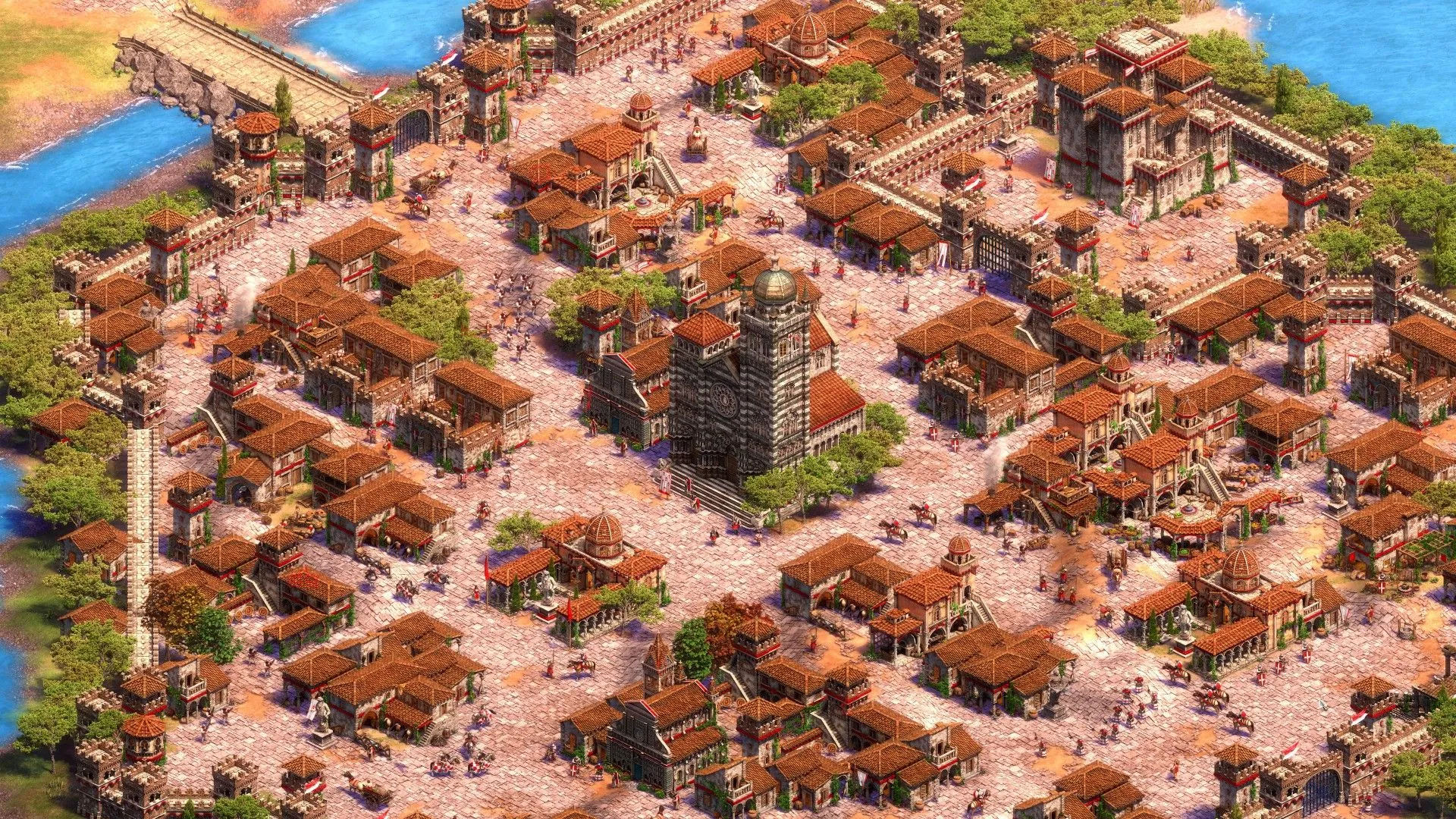 Một thành phố đầy người đi lại trong Age of Empires 2.