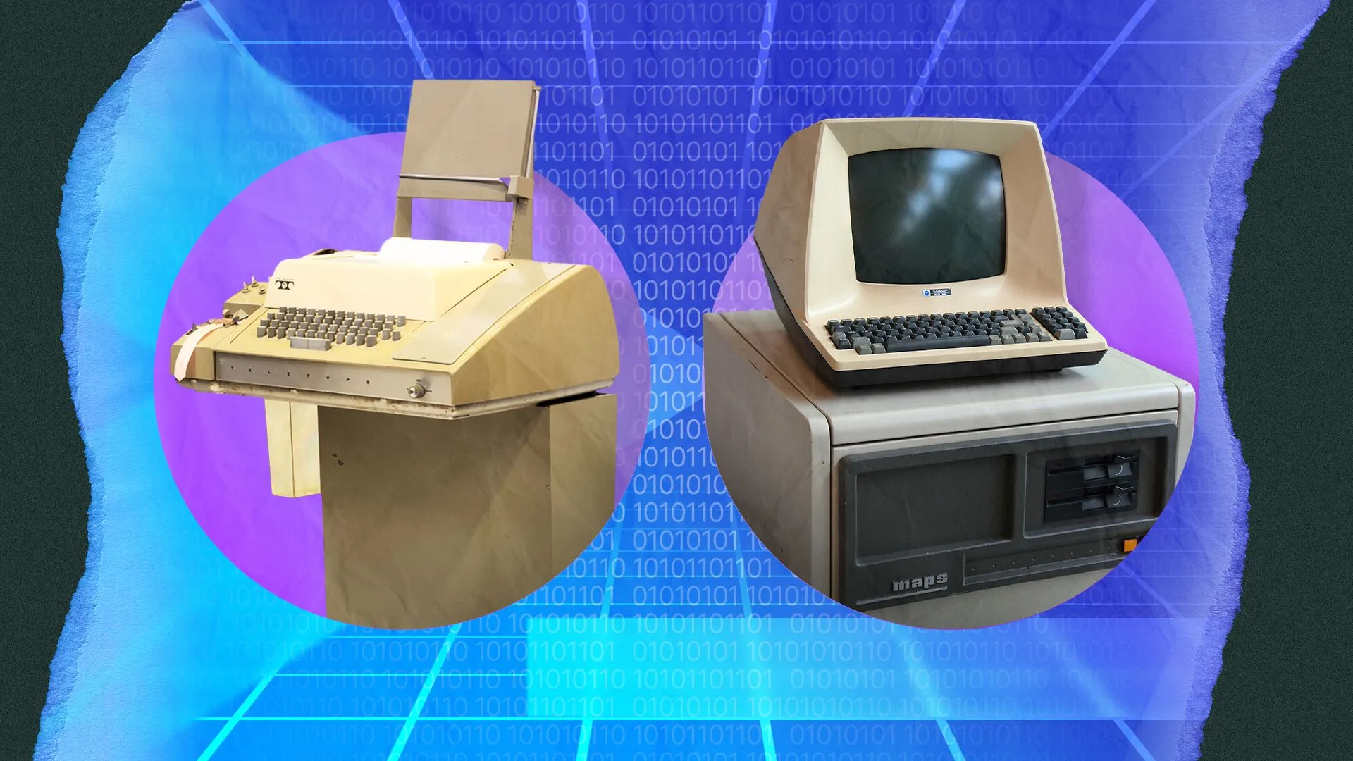 Một thiết bị Teletype cổ điển bên cạnh màn hình video terminal trong bối cảnh retro.