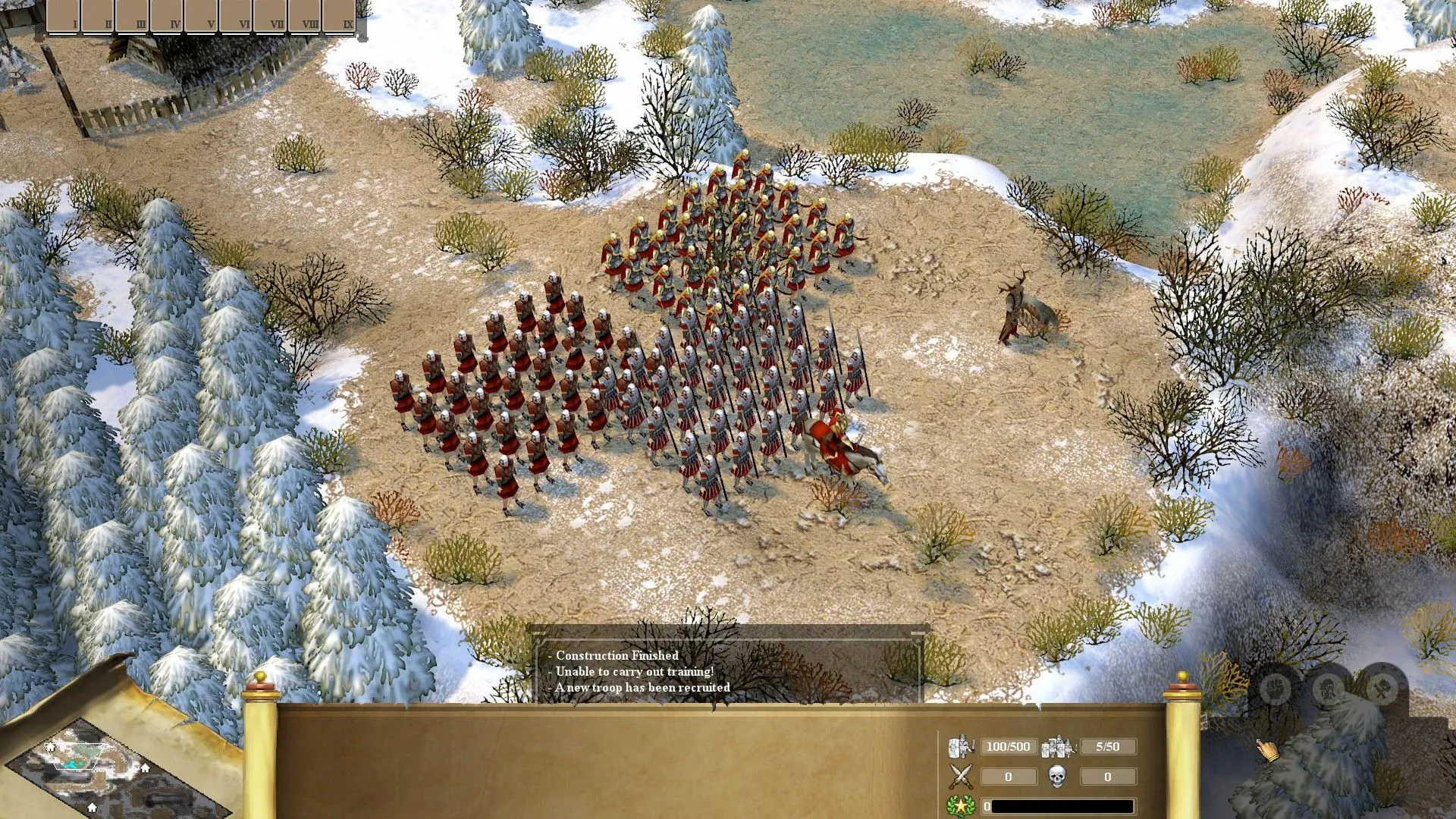 Một trung đội lính La Mã đang diễu hành trên cánh đồng trong game Praetorians, tập trung vào chiến thuật quân sự và đội hình.