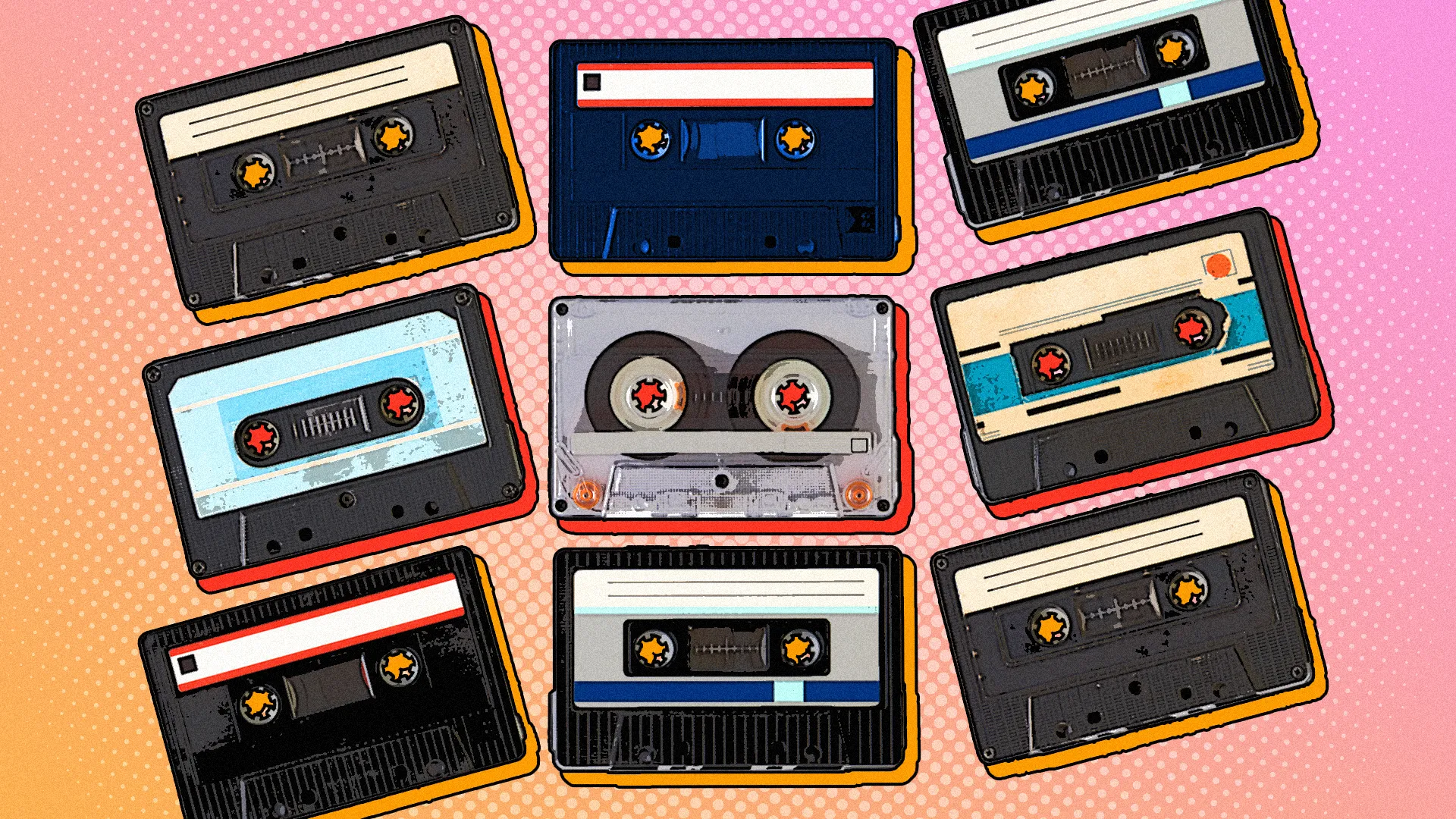 Một vài cuộn băng cassette được đặt cạnh nhau trong phong cách retro, gợi nhớ thời kỳ âm nhạc analog