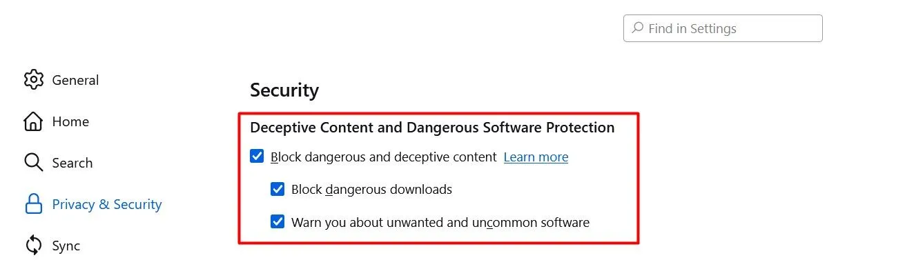 Mục cài đặt Bảo vệ Nội dung Lừa đảo và Phần mềm Độc hại trong Firefox, với các hộp kiểm để kích hoạt các tính năng bảo vệ.