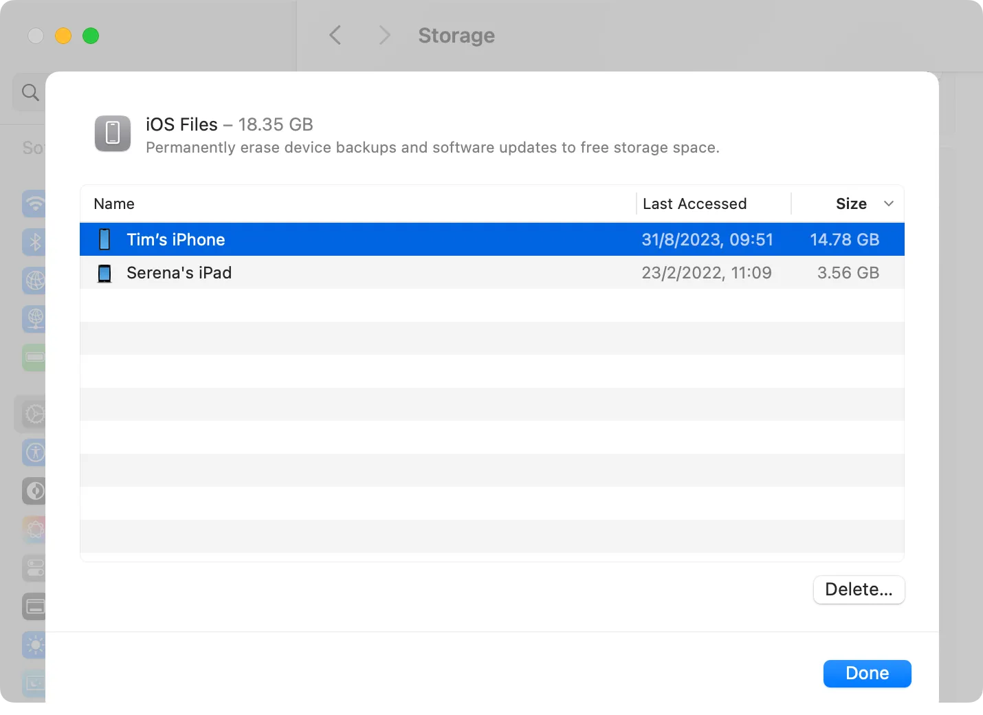 Mục iOS Files trong Cài đặt hệ thống macOS hiển thị bản sao lưu iPhone/iPad