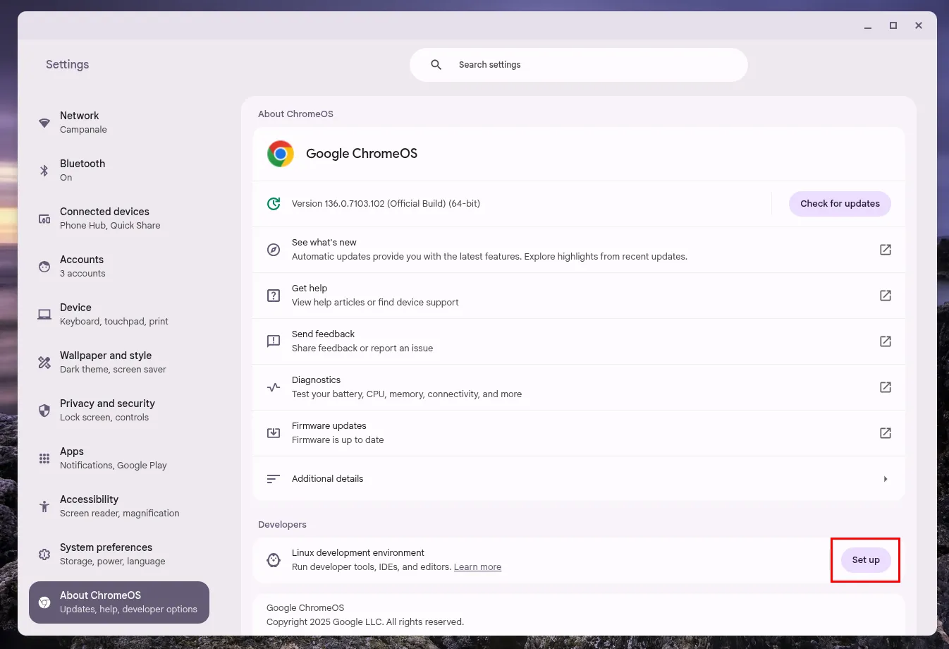 Mục &quot;Nhà phát triển&quot; trên ChromeOS với nút &quot;Thiết lập môi trường phát triển Linux&quot; được đánh dấu nổi bật.