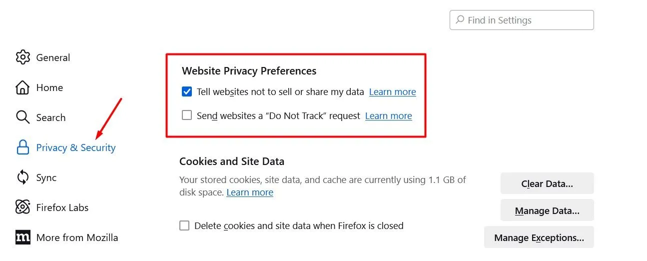 Mục Tùy chọn Quyền riêng tư Trang web trong cài đặt Firefox, hiển thị tùy chọn &quot;Yêu cầu trang web không bán hoặc chia sẻ dữ liệu của tôi&quot;.