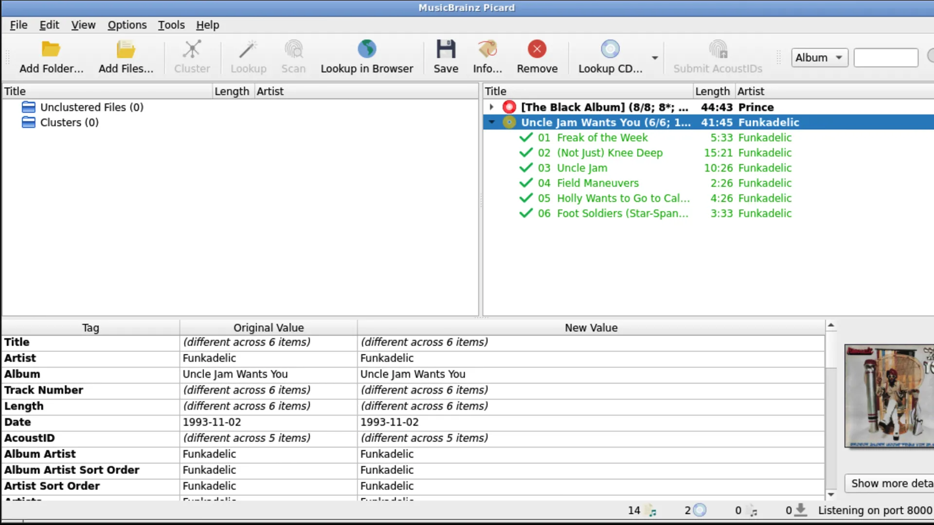MusicBrainz Picard đang nhận diện thông tin metadata cho hai album nhạc trên server cá nhân.
