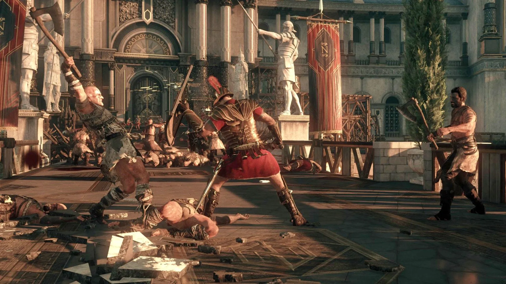 Người chơi đang đỡ đòn tấn công của đối thủ trong Ryse Son of Rome, thể hiện hệ thống chiến đấu cận chiến khốc liệt và đồ họa ấn tượng.