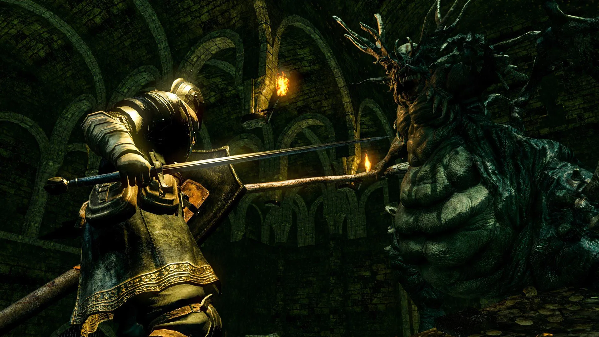 Người chơi đối đầu với một con trùm trong Dark Souls, tựa game đã định hình thể loại Souls-like thành công rực rỡ