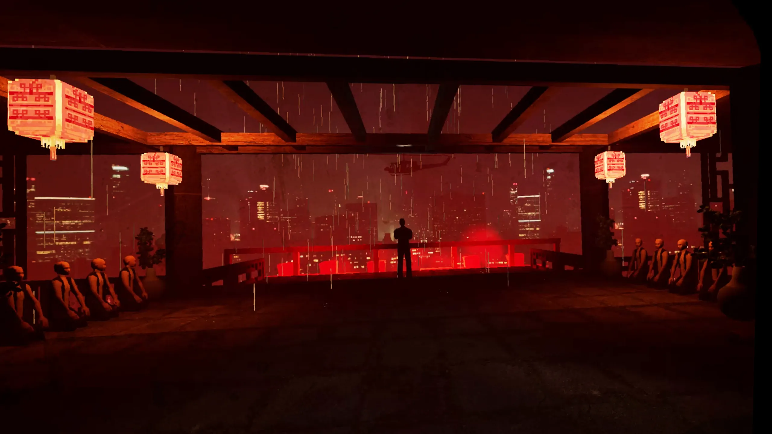 Người chơi đối mặt với kẻ thù trên mái nhà trong Path of Fury VR với phong cách đồ họa PS1