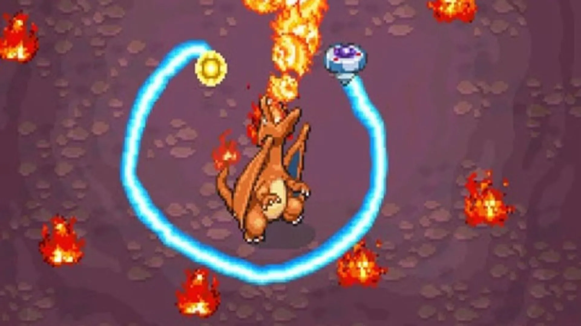 Người chơi dùng bút stylus để vẽ vòng tròn trấn tĩnh Charizard trong game Pokémon Ranger trên Nintendo DS.