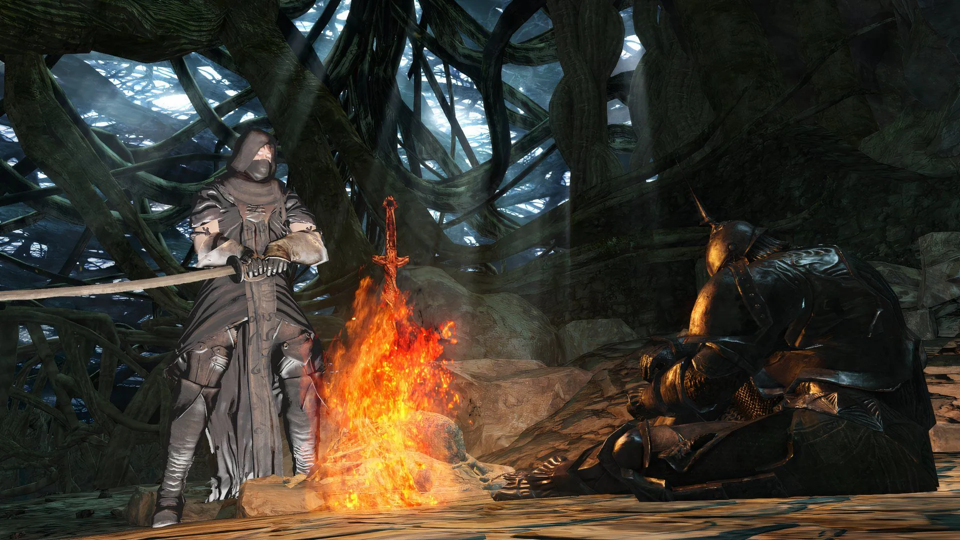 Người chơi nghỉ ngơi tại Lửa Trại (Bonfire) trong Dark Souls 2, một điểm dừng chân quan trọng trong thế giới u tối với cốt truyện ẩn dụ về các chu kỳ vĩnh cửu.