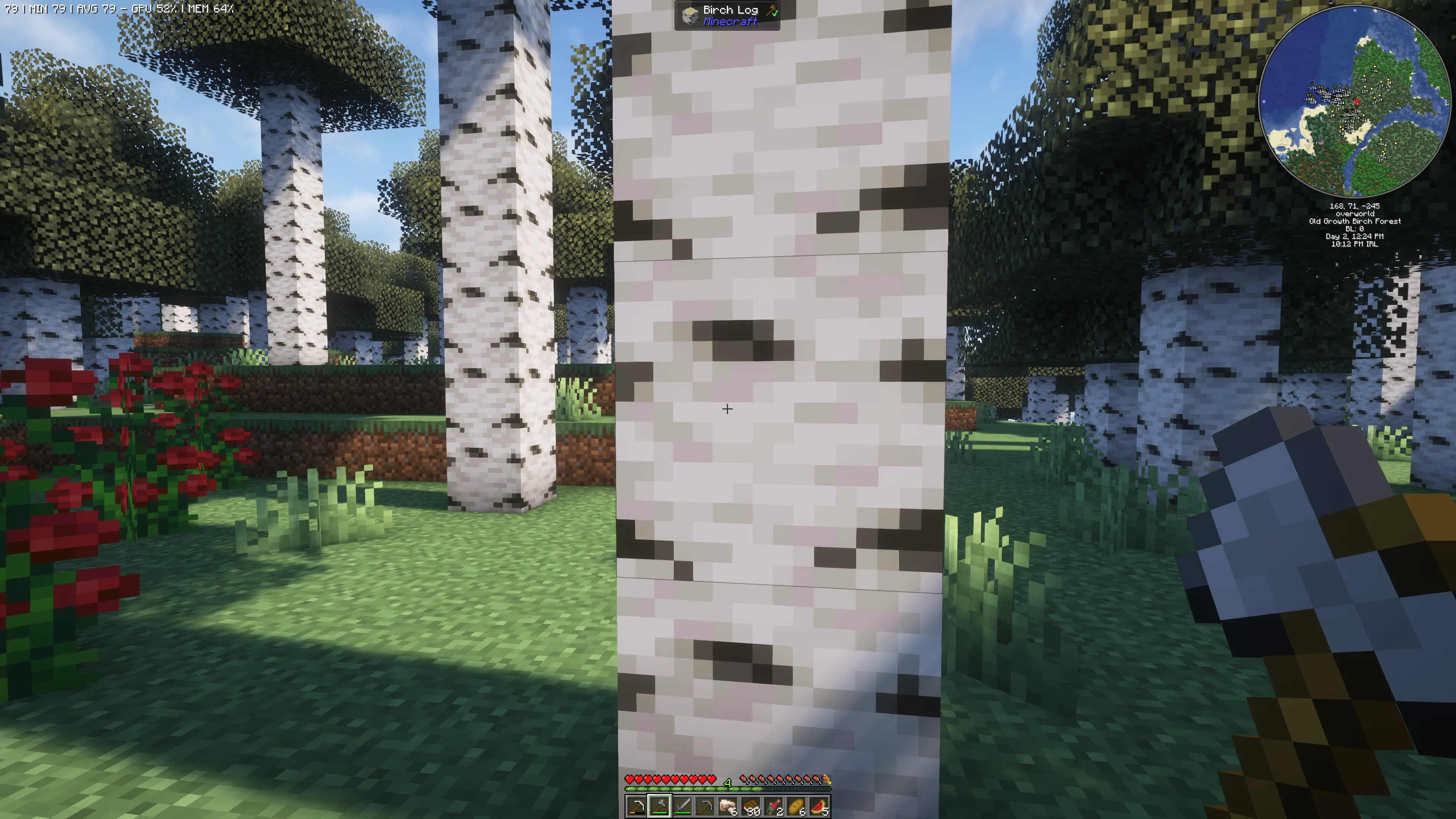 Người chơi sử dụng rìu chuẩn bị chặt một cây bạch dương trong Minecraft, minh họa cho mod FallingTree giúp chặt cây nhanh chóng