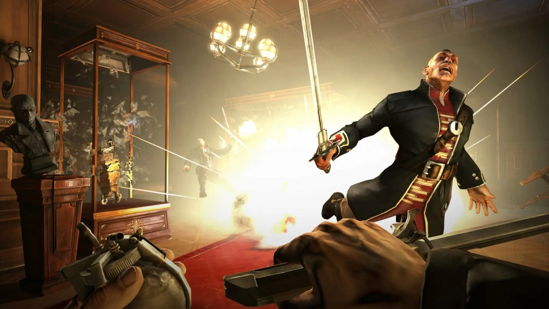 Người chơi trong game Dishonored quan sát cảnh nổ tung, thể hiện tính hành động lén lút và lựa chọn đa dạng của immersive sim