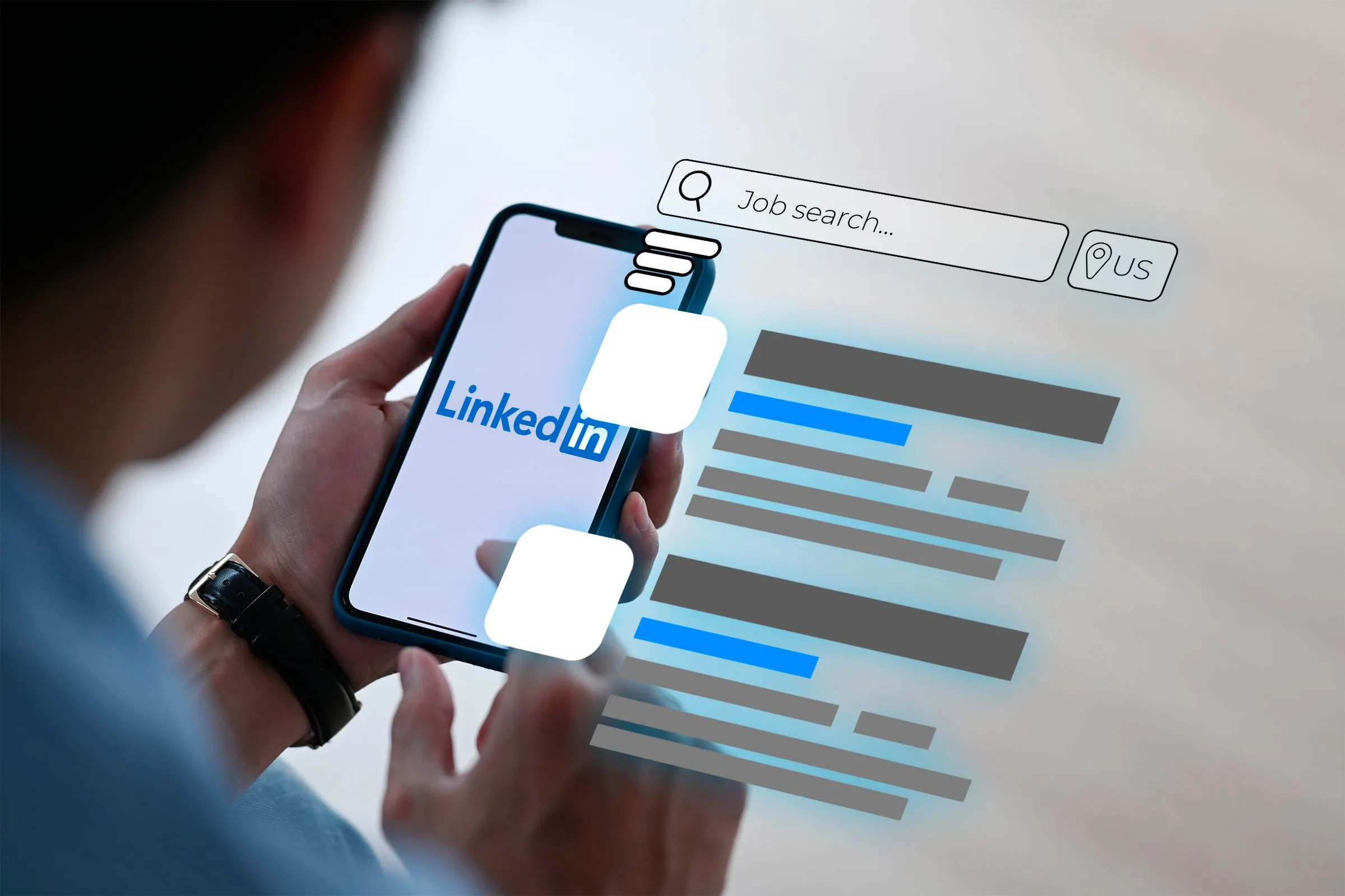 Người dùng đang xem biểu tượng LinkedIn trên điện thoại, minh họa sự phụ thuộc vào mạng xã hội để tìm kiếm cơ hội.
