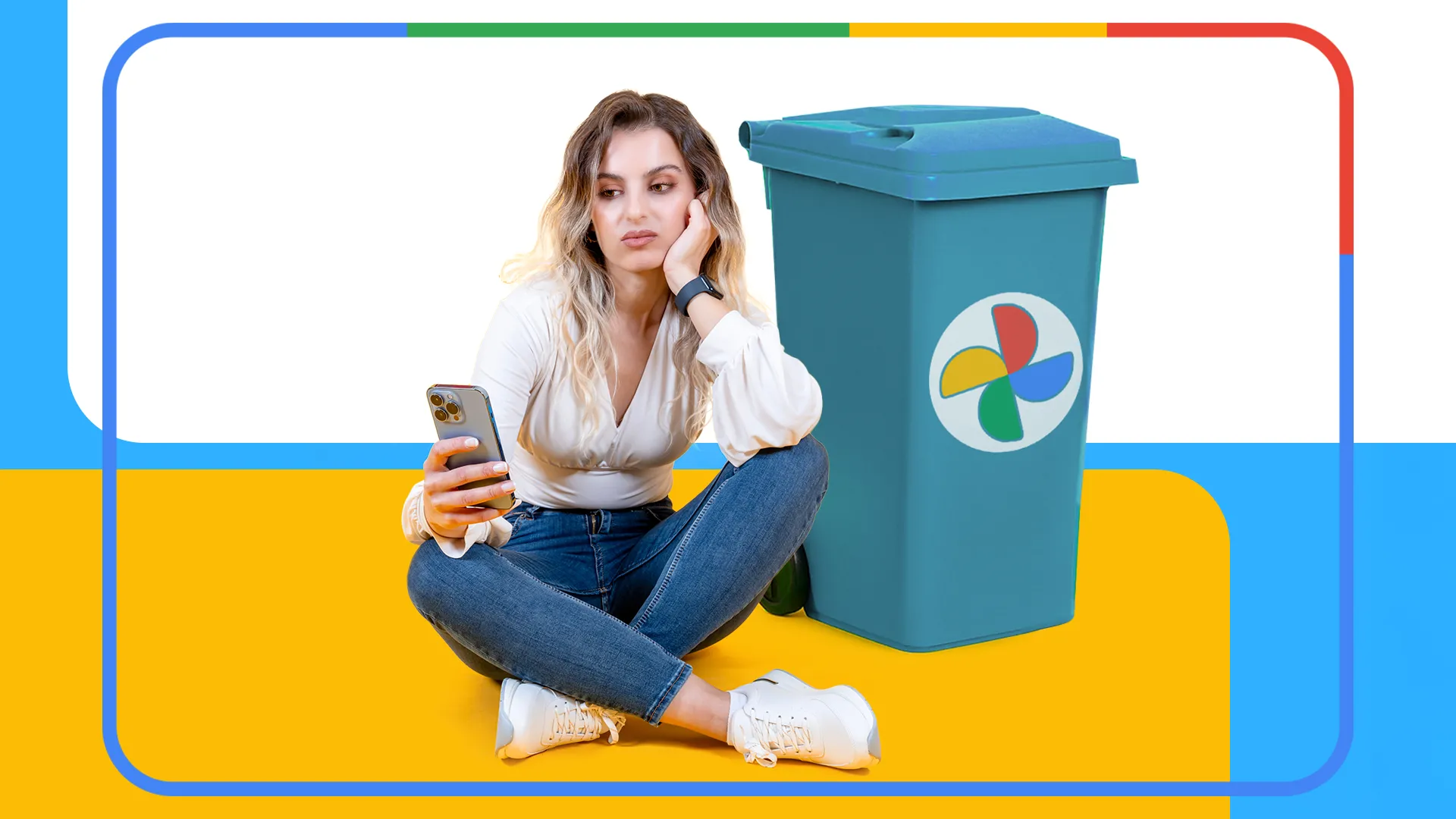 Người phụ nữ thất vọng đang nhìn vào điện thoại bên cạnh thùng rác có logo Google Photos, thể hiện sự mệt mỏi khi quản lý ảnh chụp màn hình và dung lượng lưu trữ.