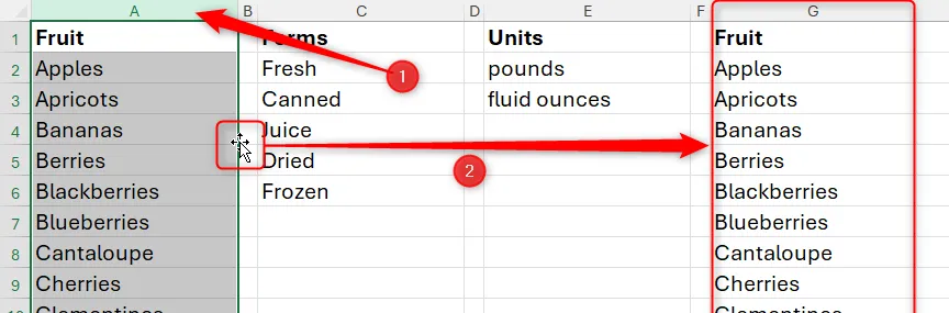 Nhân bản một cột trong Excel bằng cách chọn cột, giữ Ctrl và kéo thả đến vị trí mới