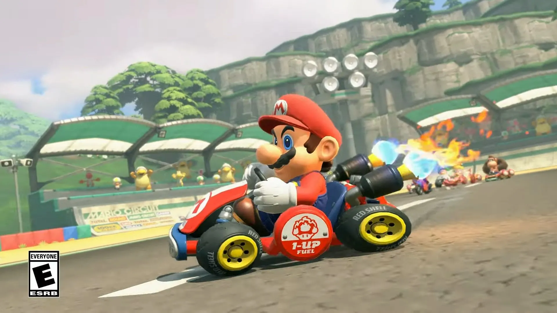 Nhân vật Mario đang đua trong một phân cảnh từ trò chơi Mario Kart World.