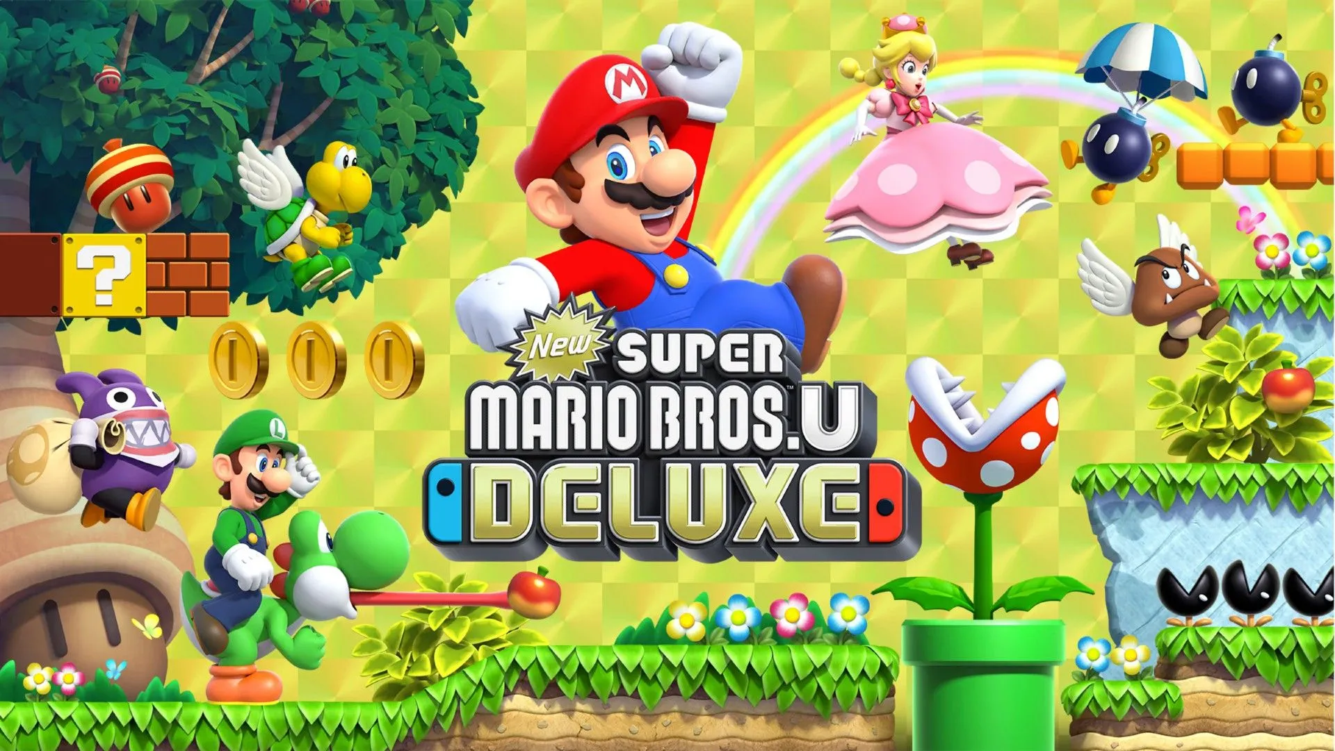 Nhân vật Mario từ New Super Mario Bros U Deluxe đang nhảy qua một nền tảng trong màn chơi.