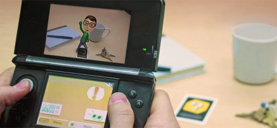 Nhân vật Mii tương tác trong ứng dụng AR Games trên Nintendo 3DS, thể hiện khả năng thực tế tăng cường của console.