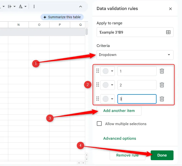 Nhập các mục cho danh sách thả xuống trong Quy tắc xác thực dữ liệu của Google Sheets.