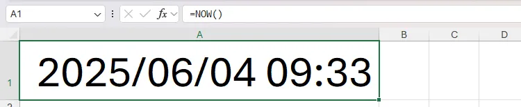 Nhập công thức hàm NOW() vào ô A1 trong Excel