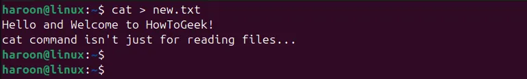 Nhập nhiều dòng văn bản trực tiếp vào file mới bằng lệnh cat trên Linux terminal.