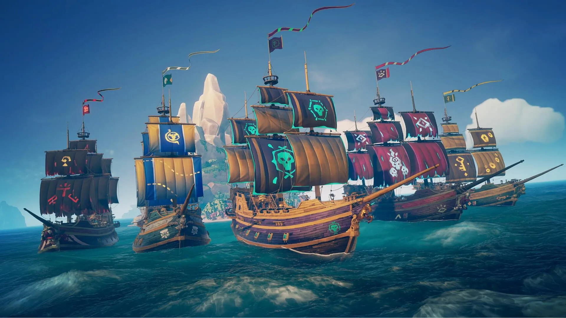 Nhiều con tàu cướp biển trong Sea of Thieves đang rời khỏi hòn đảo, thể hiện thế giới mở.