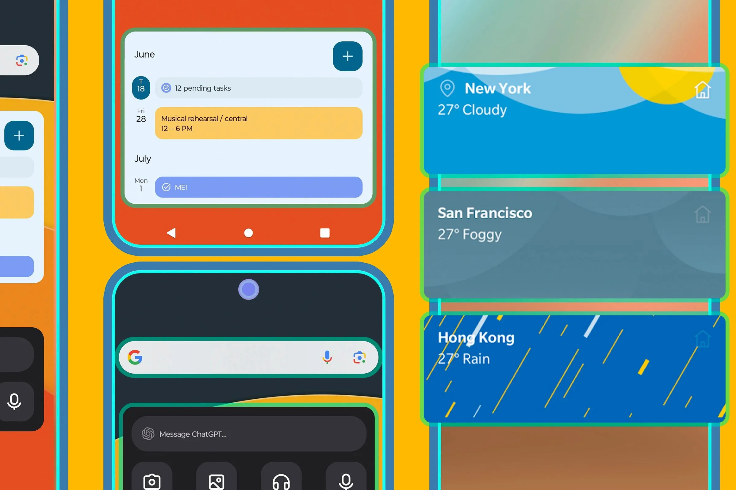 Nhiều màn hình điện thoại Android hiển thị các loại widget khác nhau