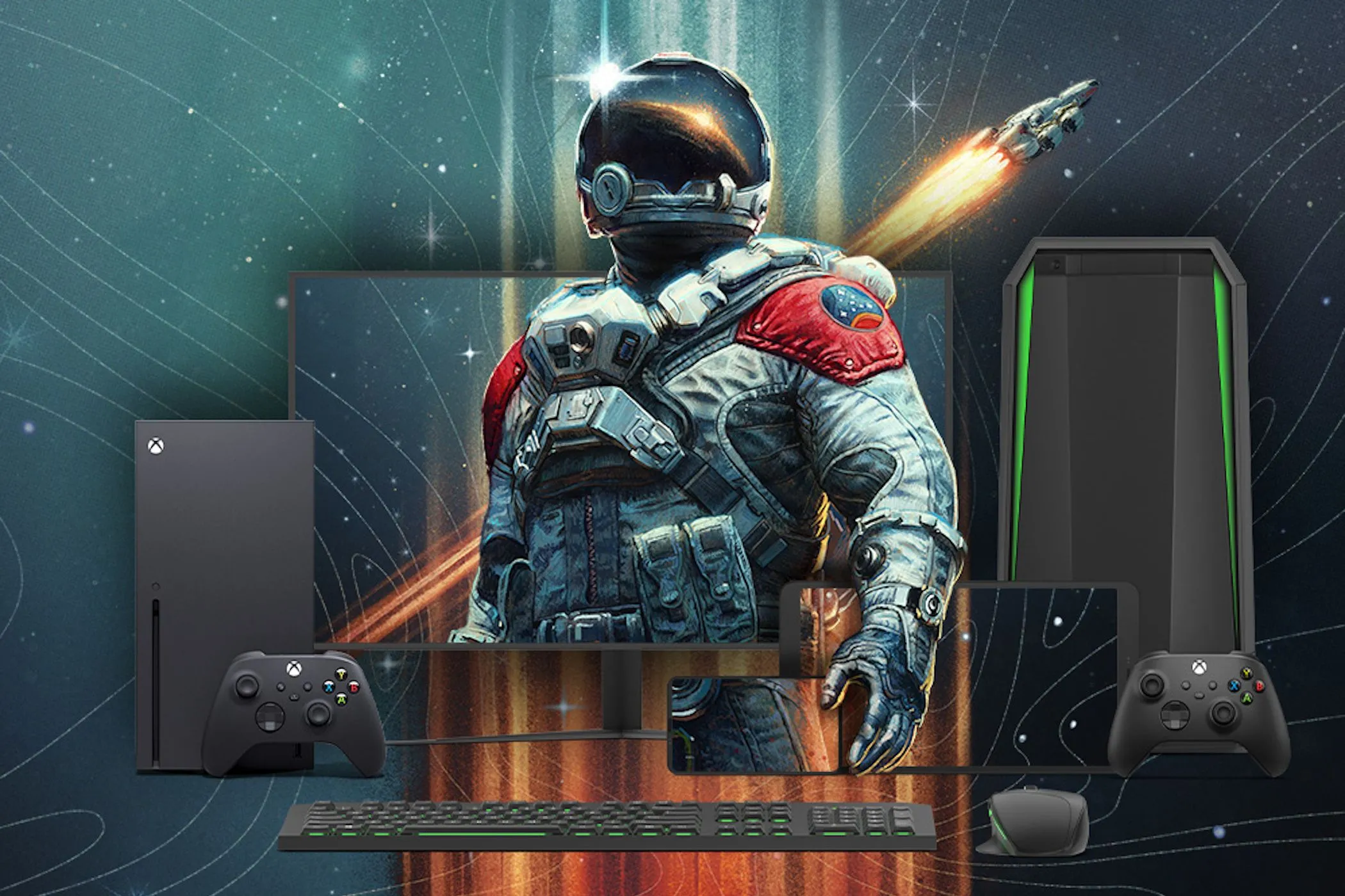 Nhiều thiết bị hiển thị Xbox Cloud Gaming với nhân vật từ Starfield