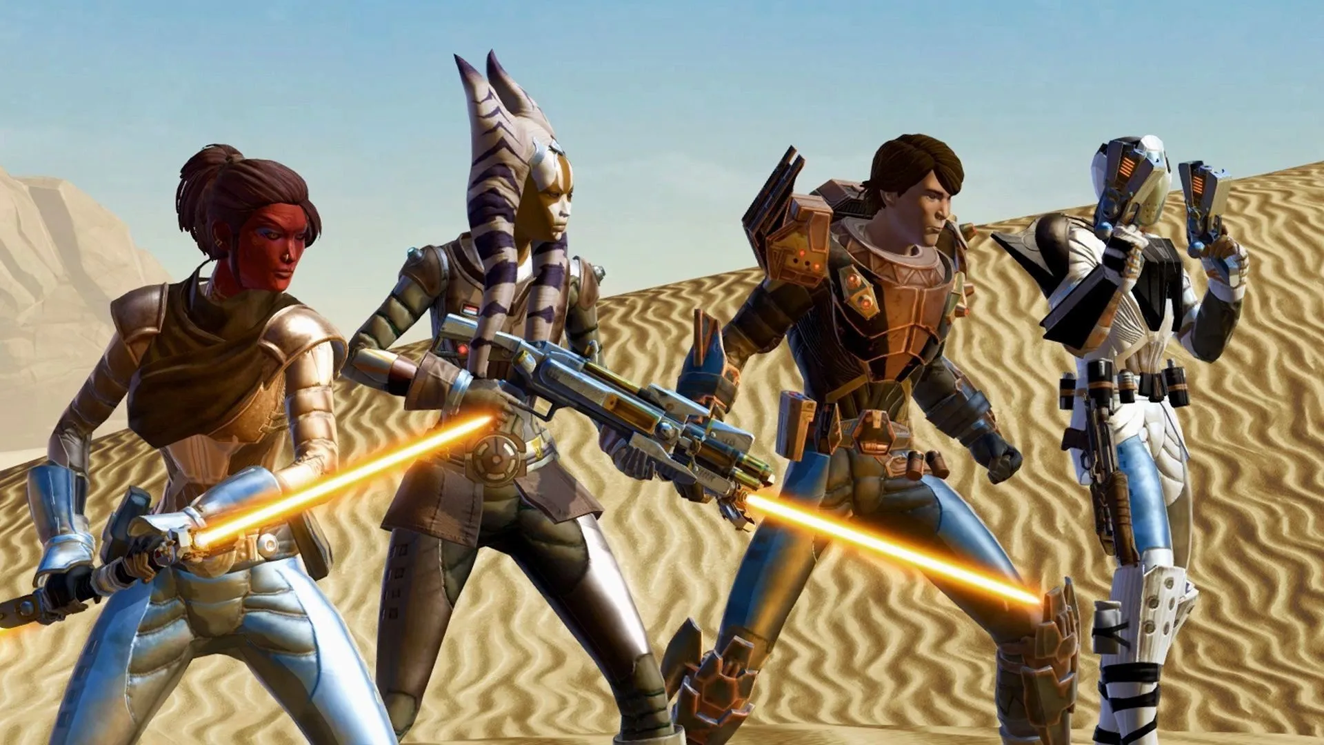 Nhóm người chơi SWTOR chuẩn bị tấn công, minh họa tính năng co-op trong game miễn phí.