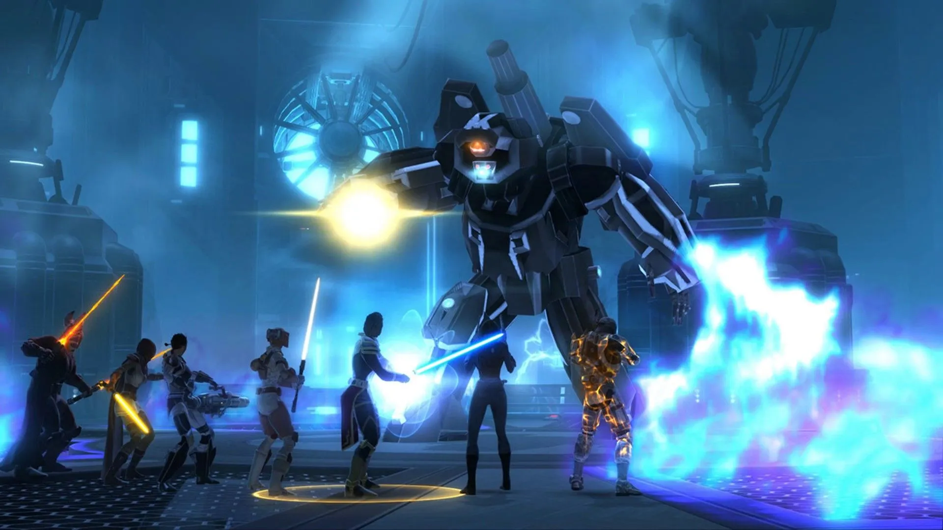 Nhóm người chơi SWTOR hợp sức tấn công boss, thể hiện các hoạt động end-game của MMORPG.