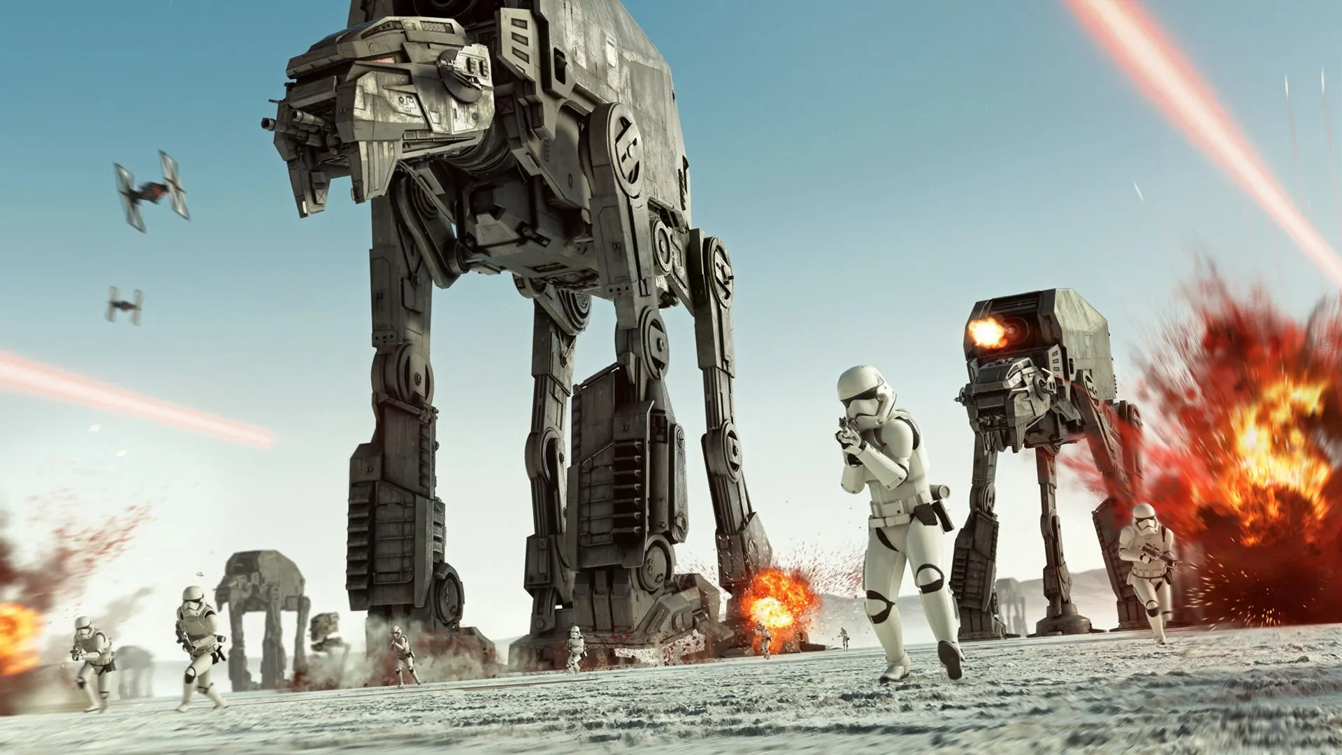 Những cỗ máy AT-AT khổng lồ tiến quân trên chiến trường tuyết Hoth trong game Star Wars Battlefront II, thể hiện quy mô trận chiến hoành tráng