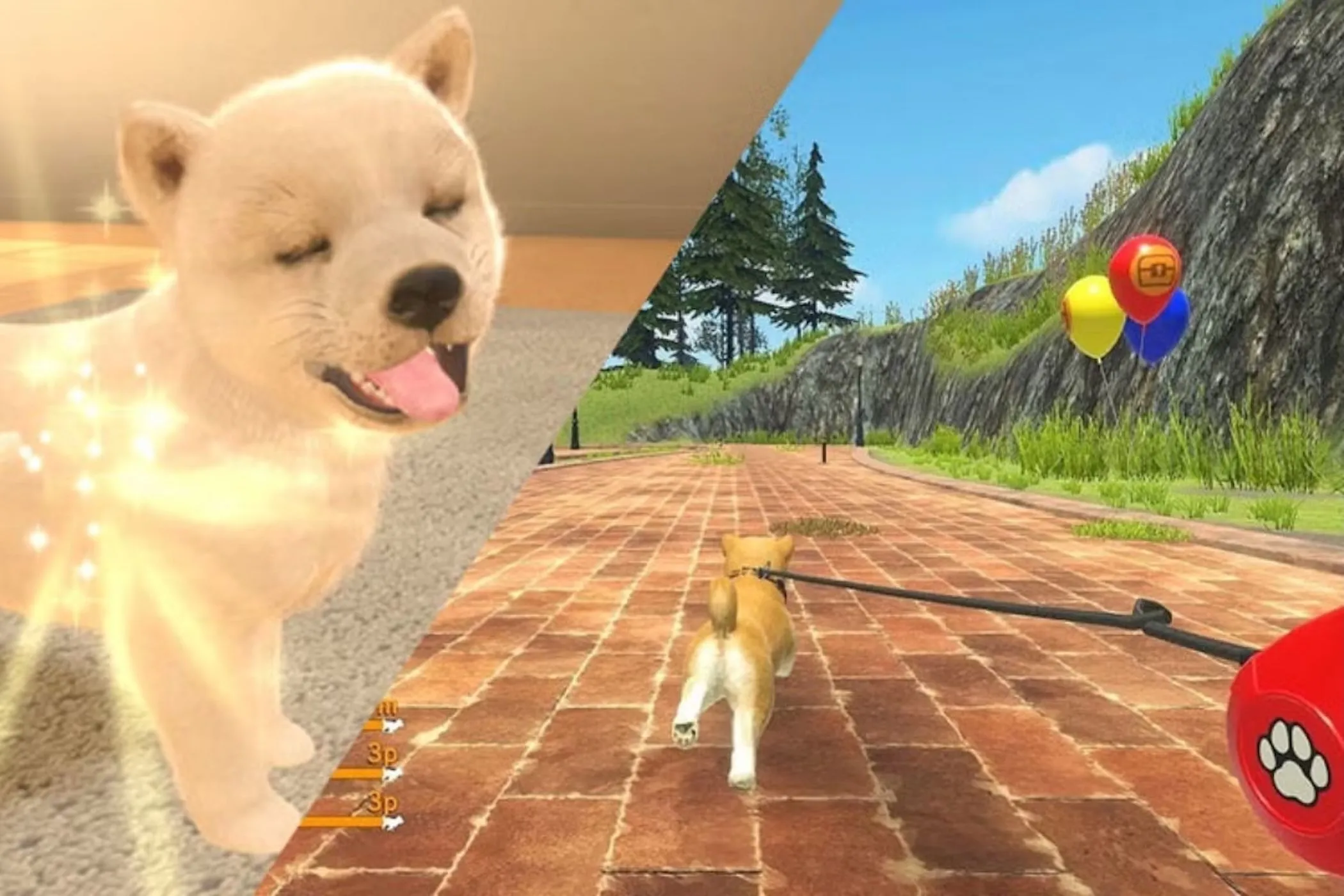 Nintendogs: Người chơi đang tắm và dắt chó đi dạo, thể hiện gameplay chăm sóc và tương tác thú cưng