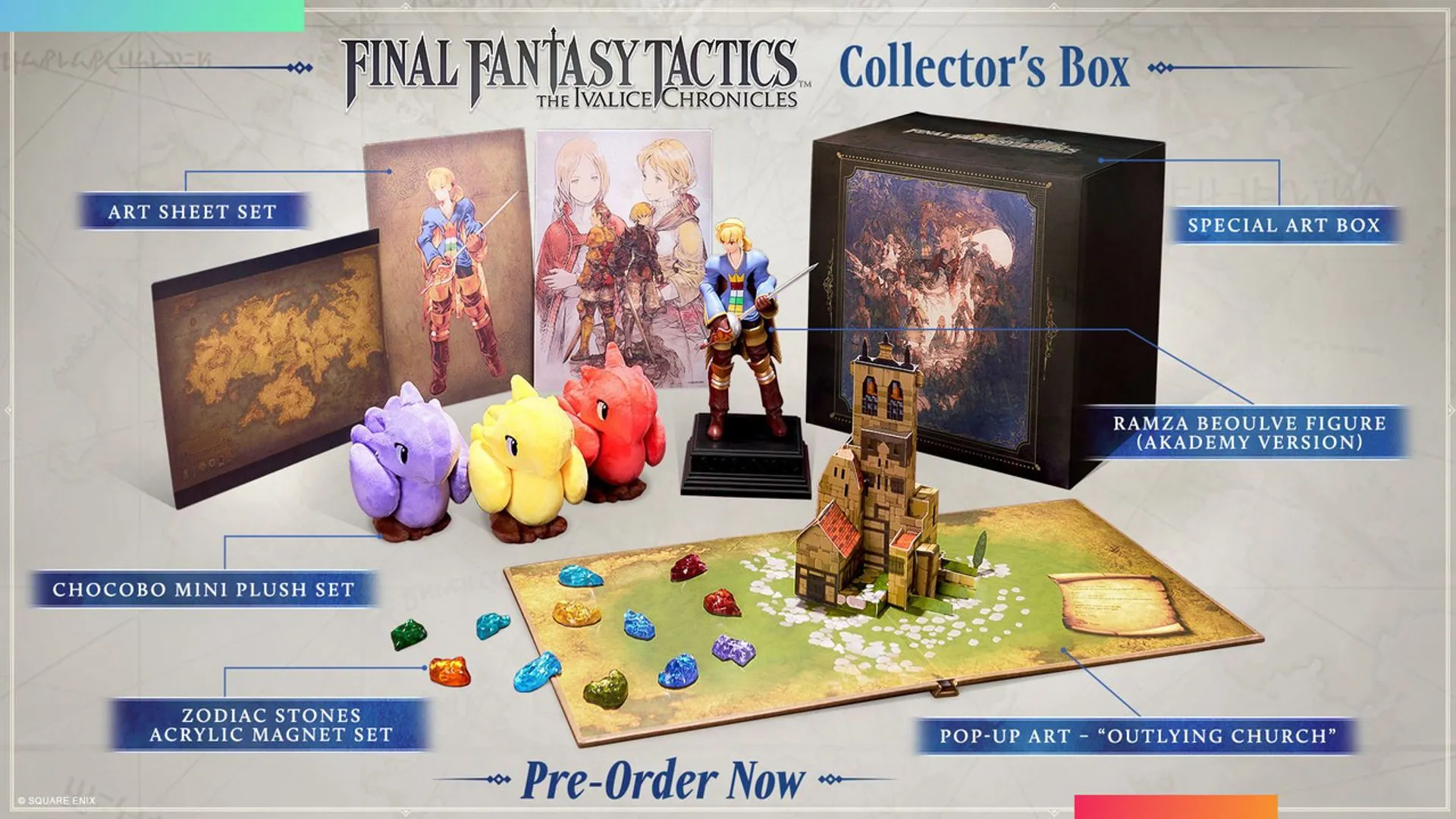 Nội dung phong phú bên trong hộp Collector's Box của Final Fantasy Tactics: The Ivalice Chronicles, bao gồm mô hình và plush.