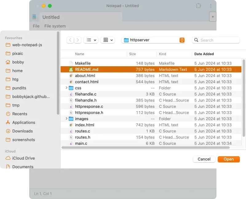 NotepadJs hiển thị hộp thoại mở tệp tin native trên macOS, cho thấy khả năng truy cập hệ thống tệp.