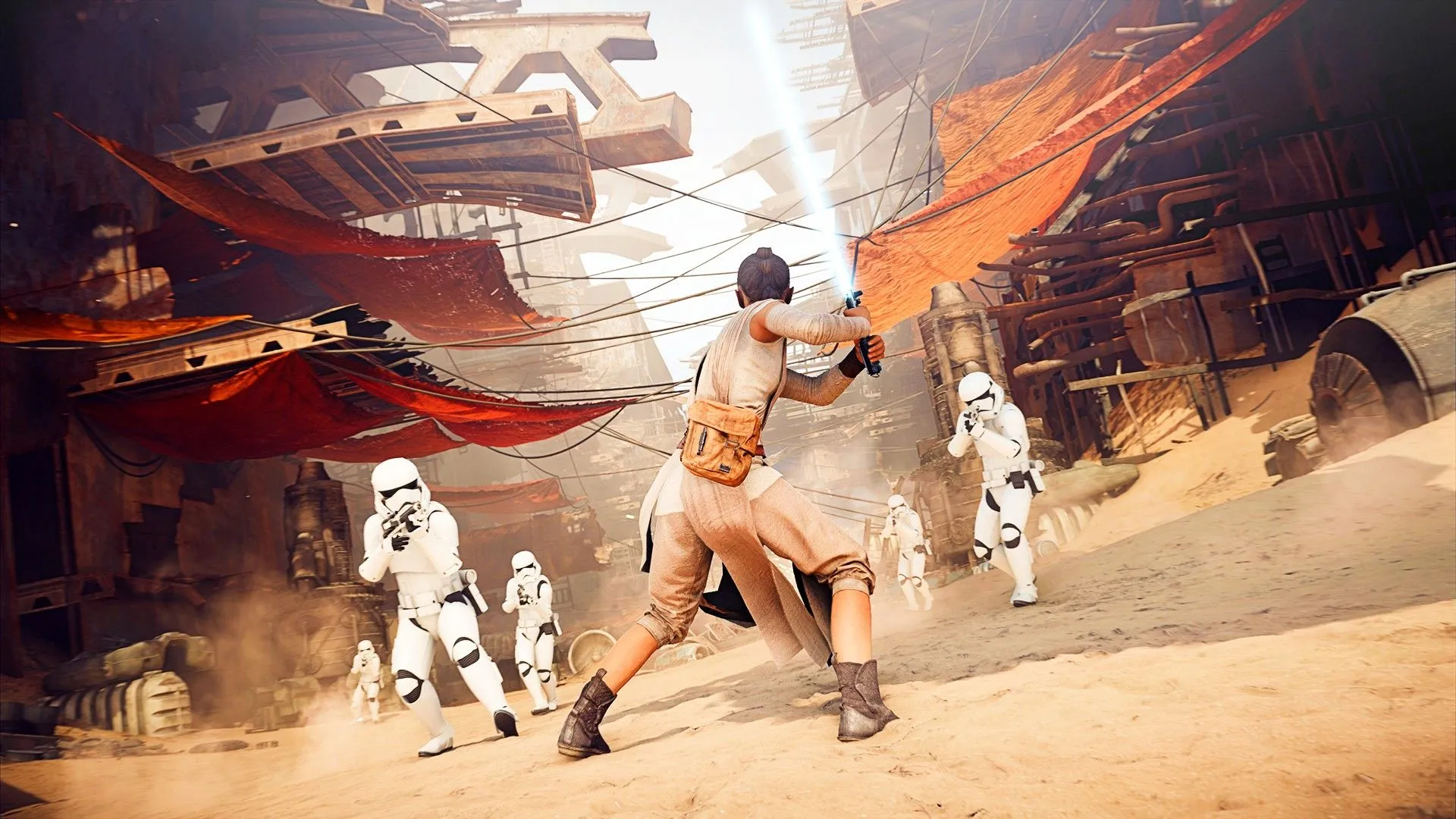 Nữ anh hùng Rey đối đầu với lính Stormtrooper trong Star Wars Battlefront 2, minh họa khả năng chiến đấu của các nhân vật chính.