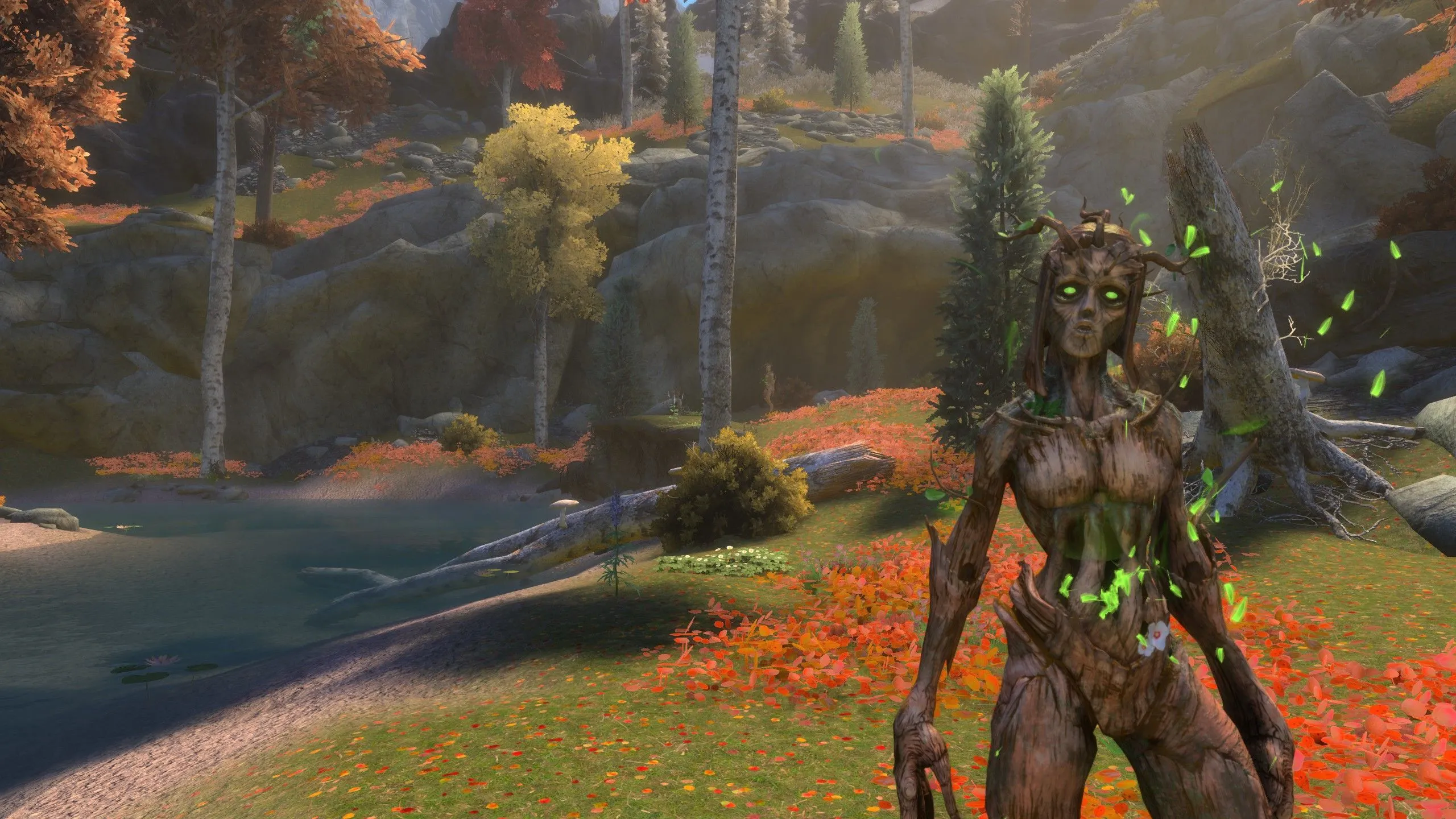 Nữ thần rừng Dryad đứng bên sông và cánh đồng hoa (Skyblivion)