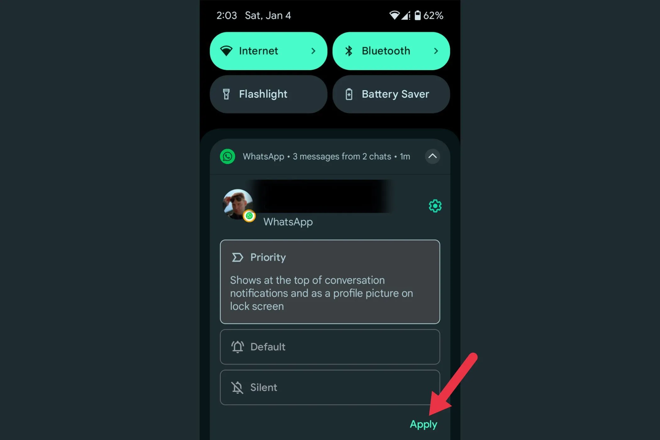 Nút &quot;Apply&quot; (Áp dụng) để lưu cài đặt ưu tiên thông báo trên Android